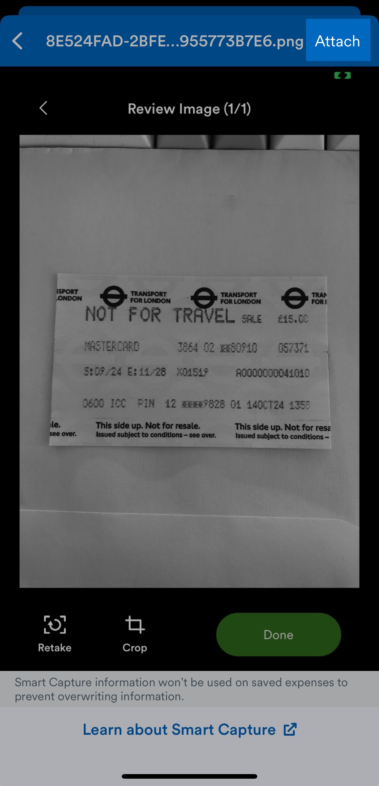Attach highlighted on the expense screen