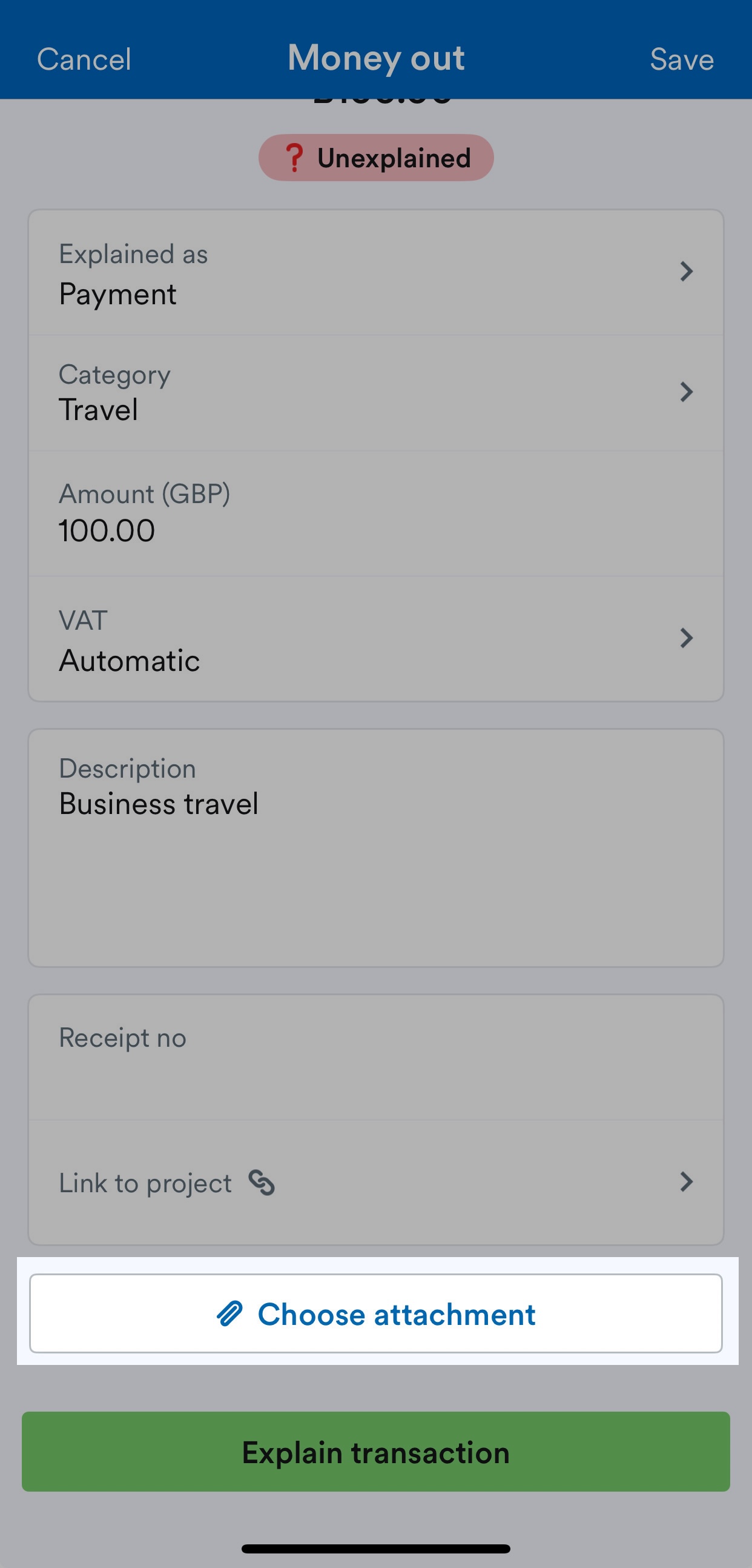 Choose attachment highlighted on a bank transaction