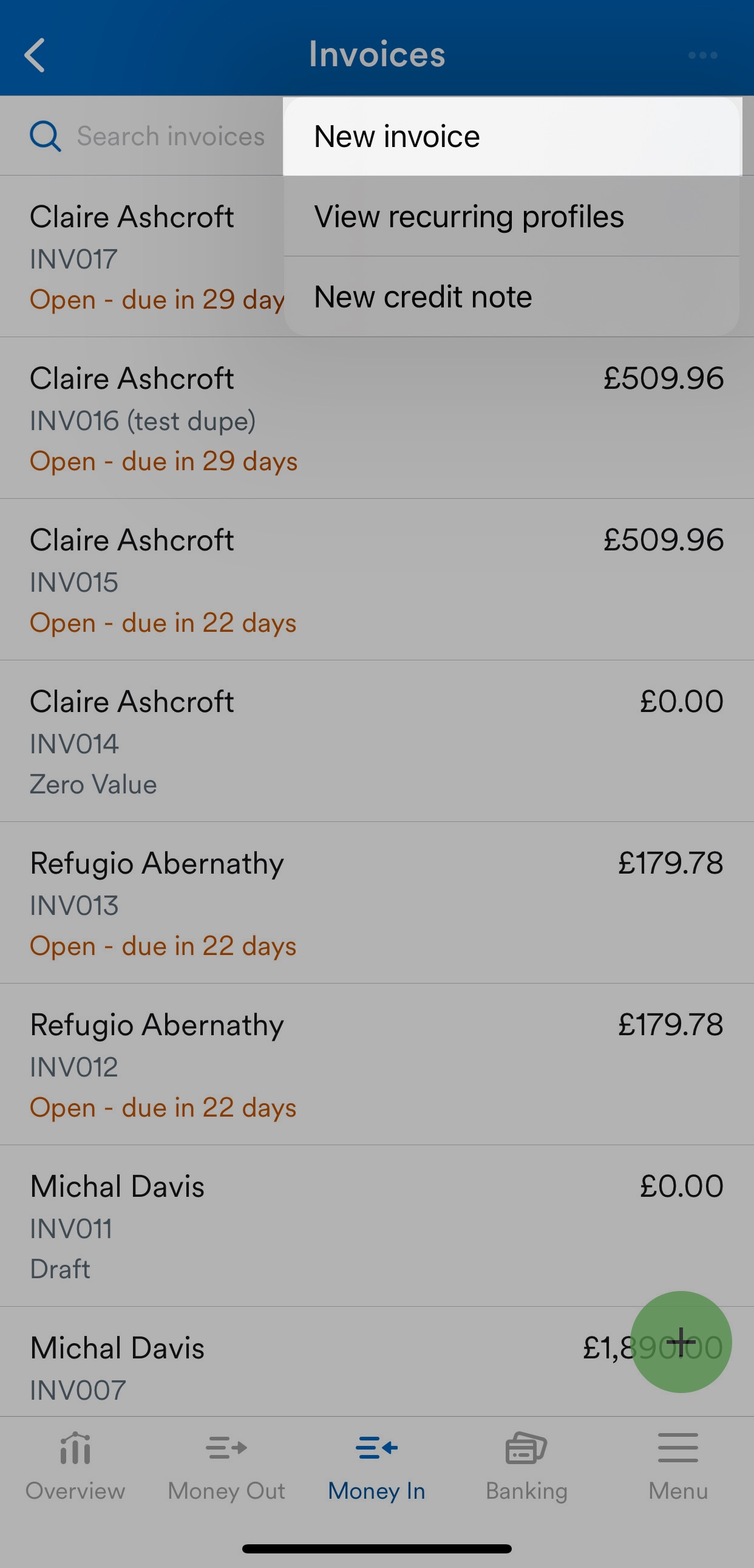 New invoice highlighted on invoices screen