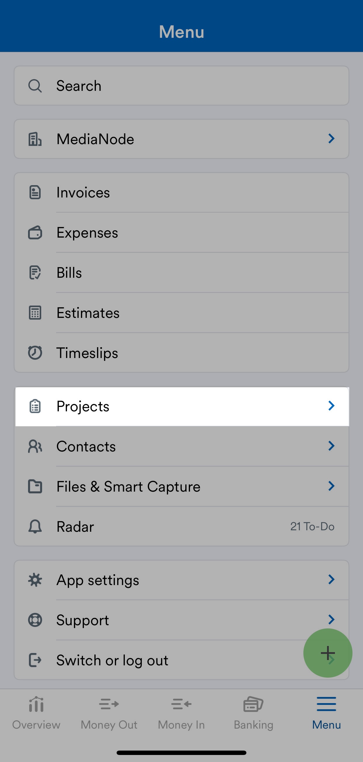 Projects highlighted in mobile app navigation menu.
