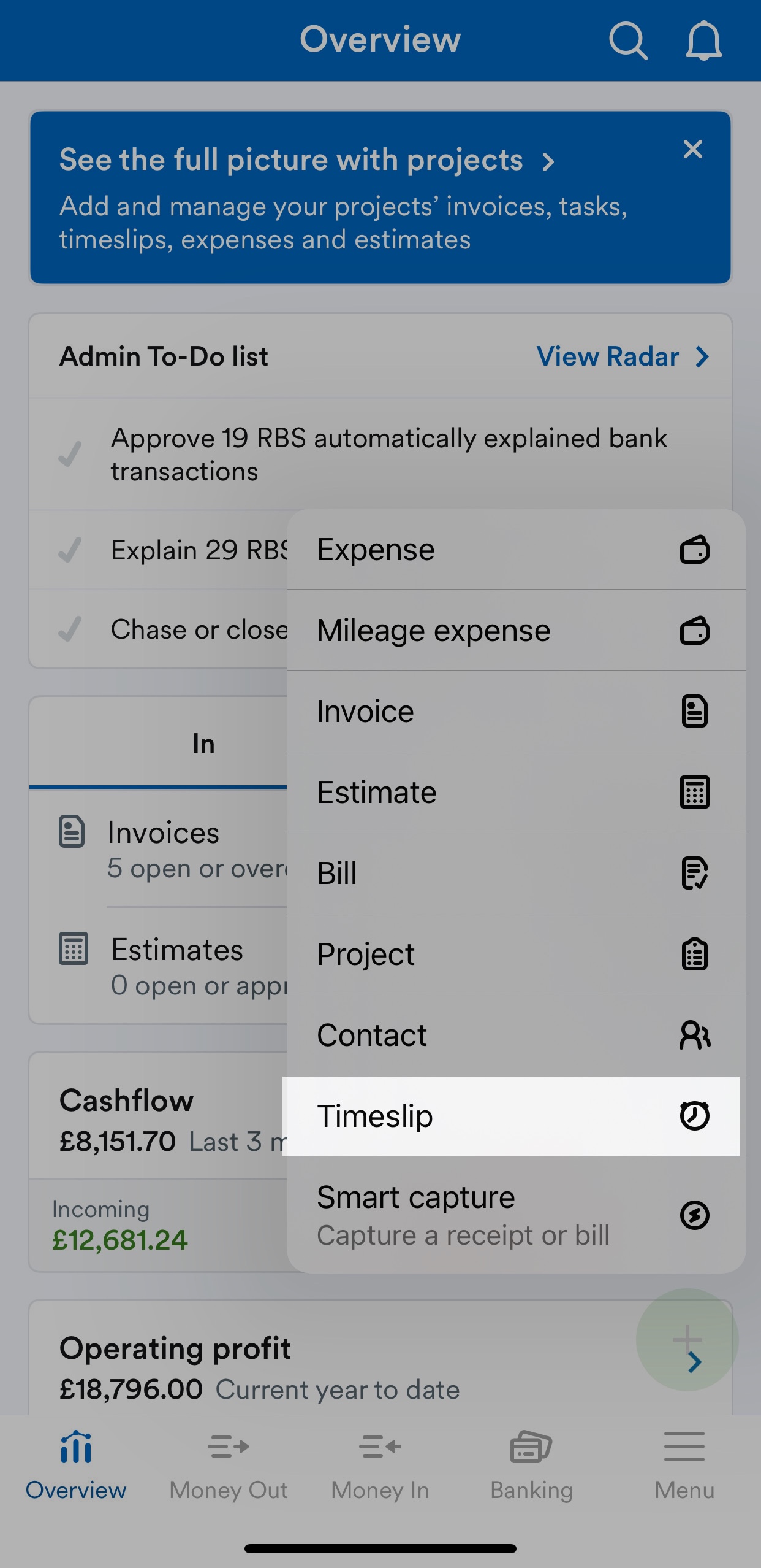 Timeslip highlighted in menu