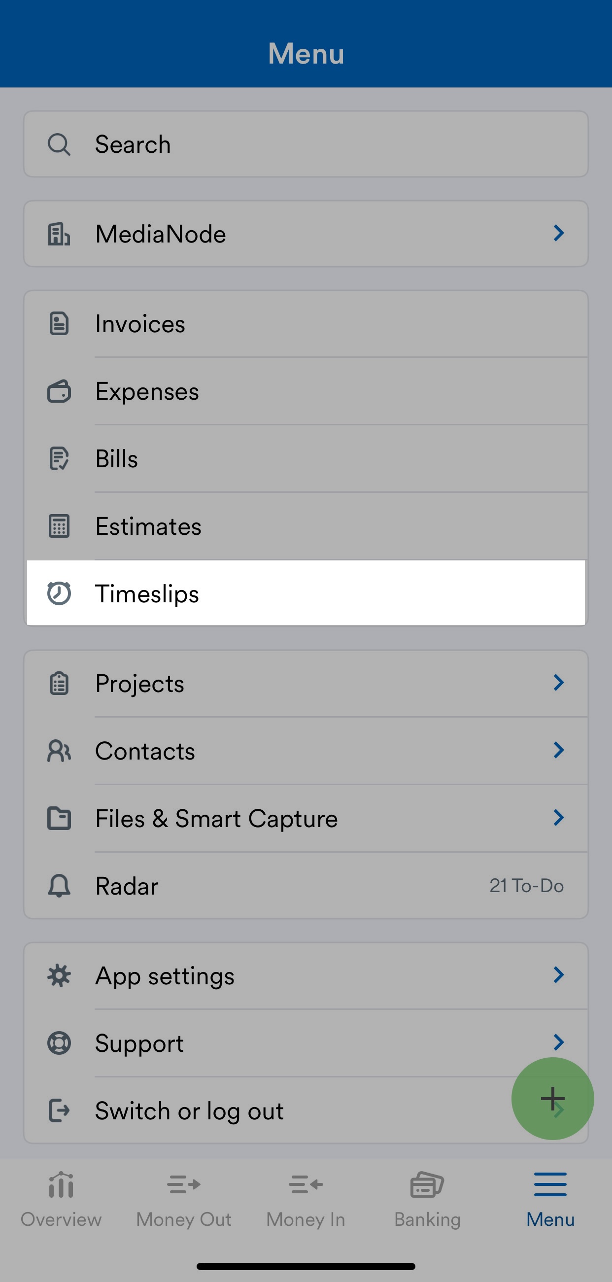 FreeAgent mobile app menu with Timeslips highlighted.