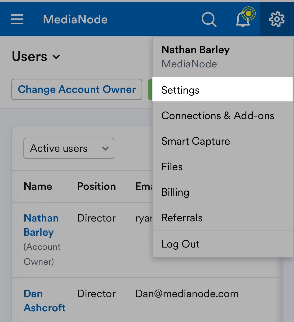 Users screen with Settings highlighted from drop-down menu below business name
