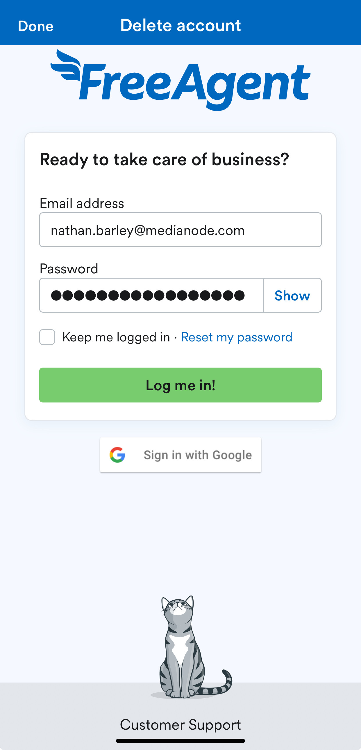 FreeAgent login screen