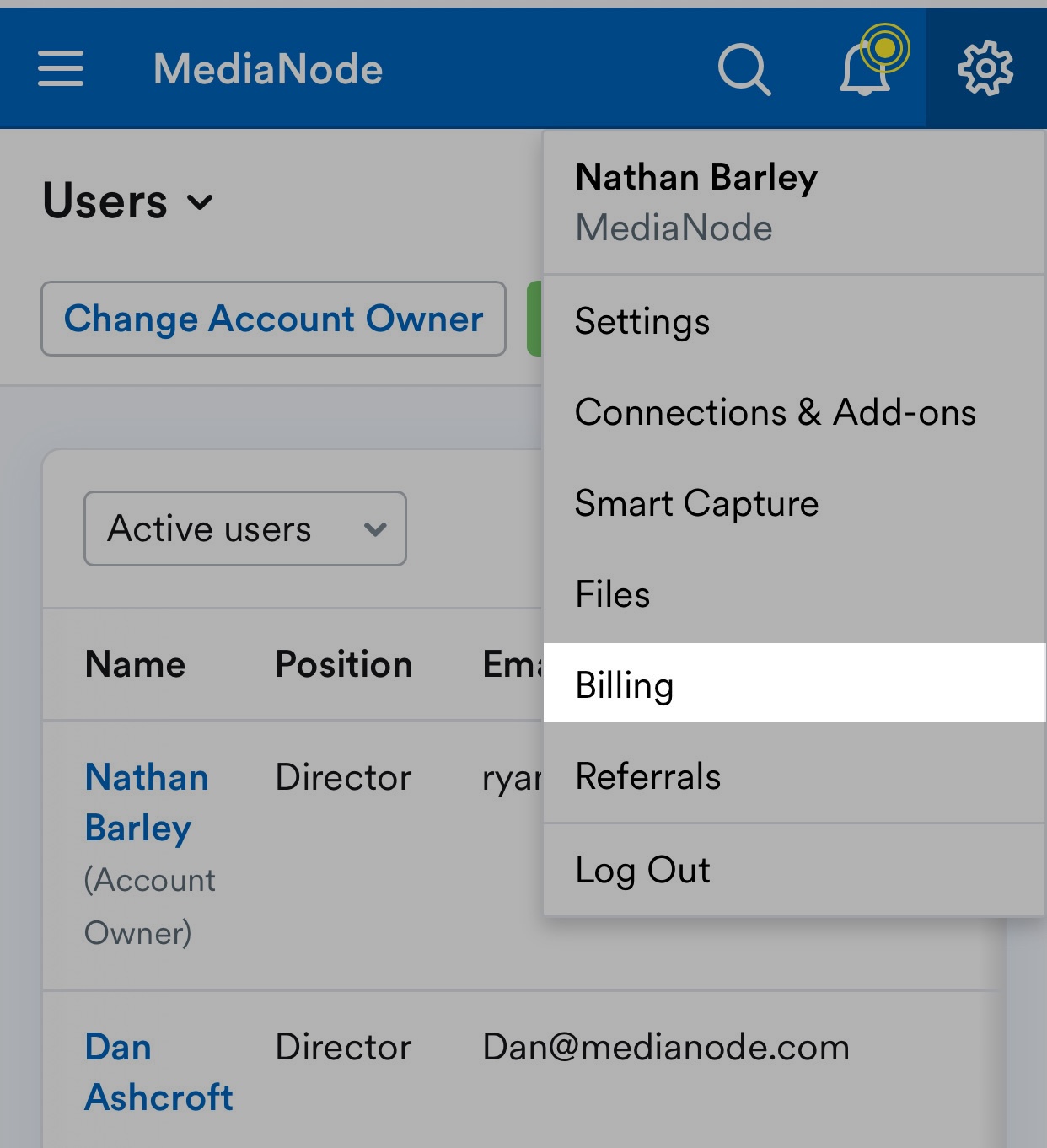 Billing highlighted in the drop-down menu below the business name