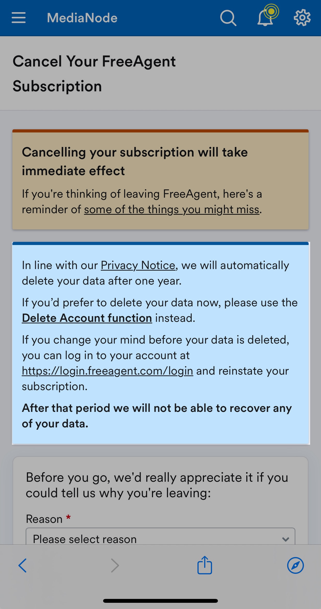 Warning about implications of cancelling subscription