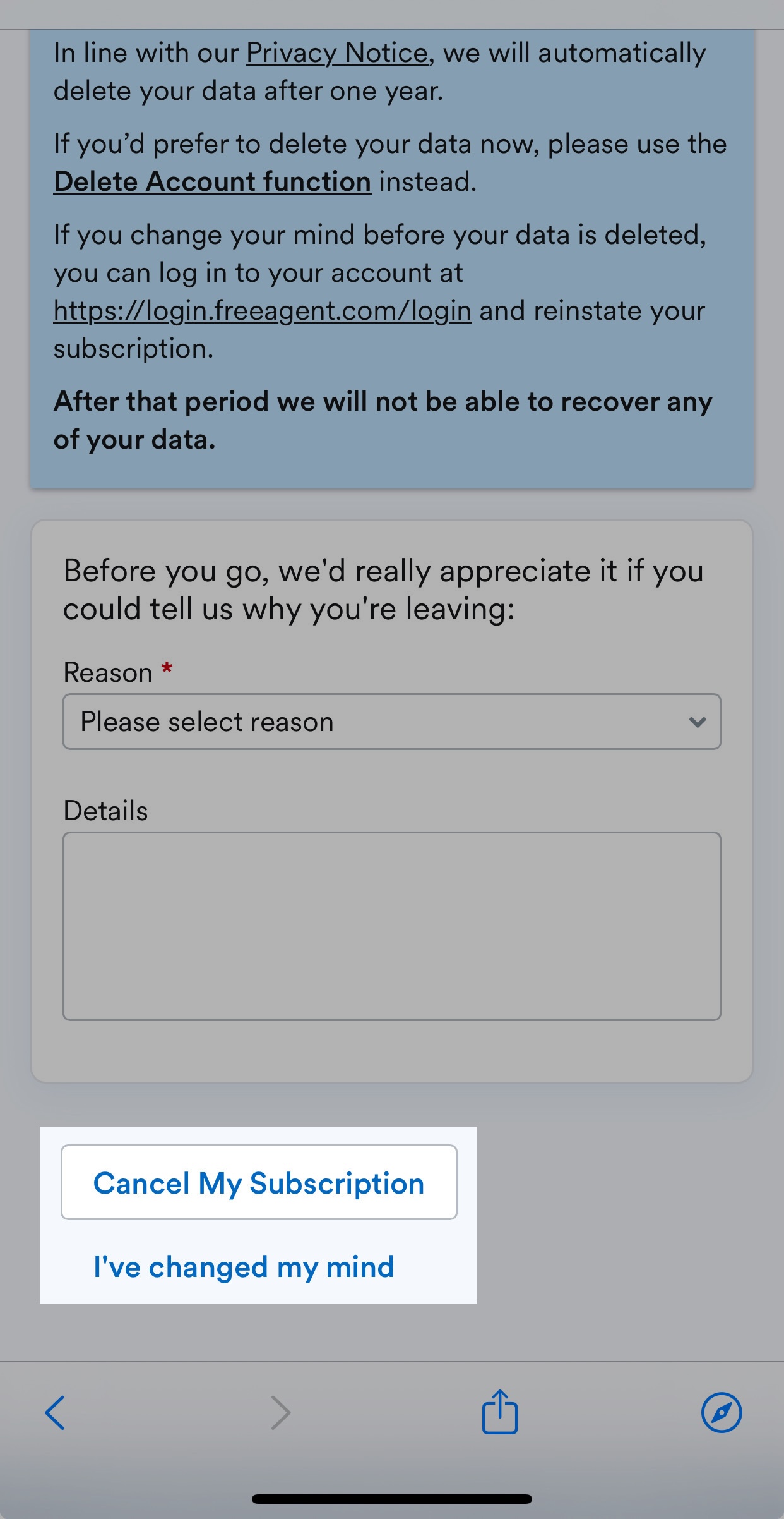 Button to cancel the subscription highlighted