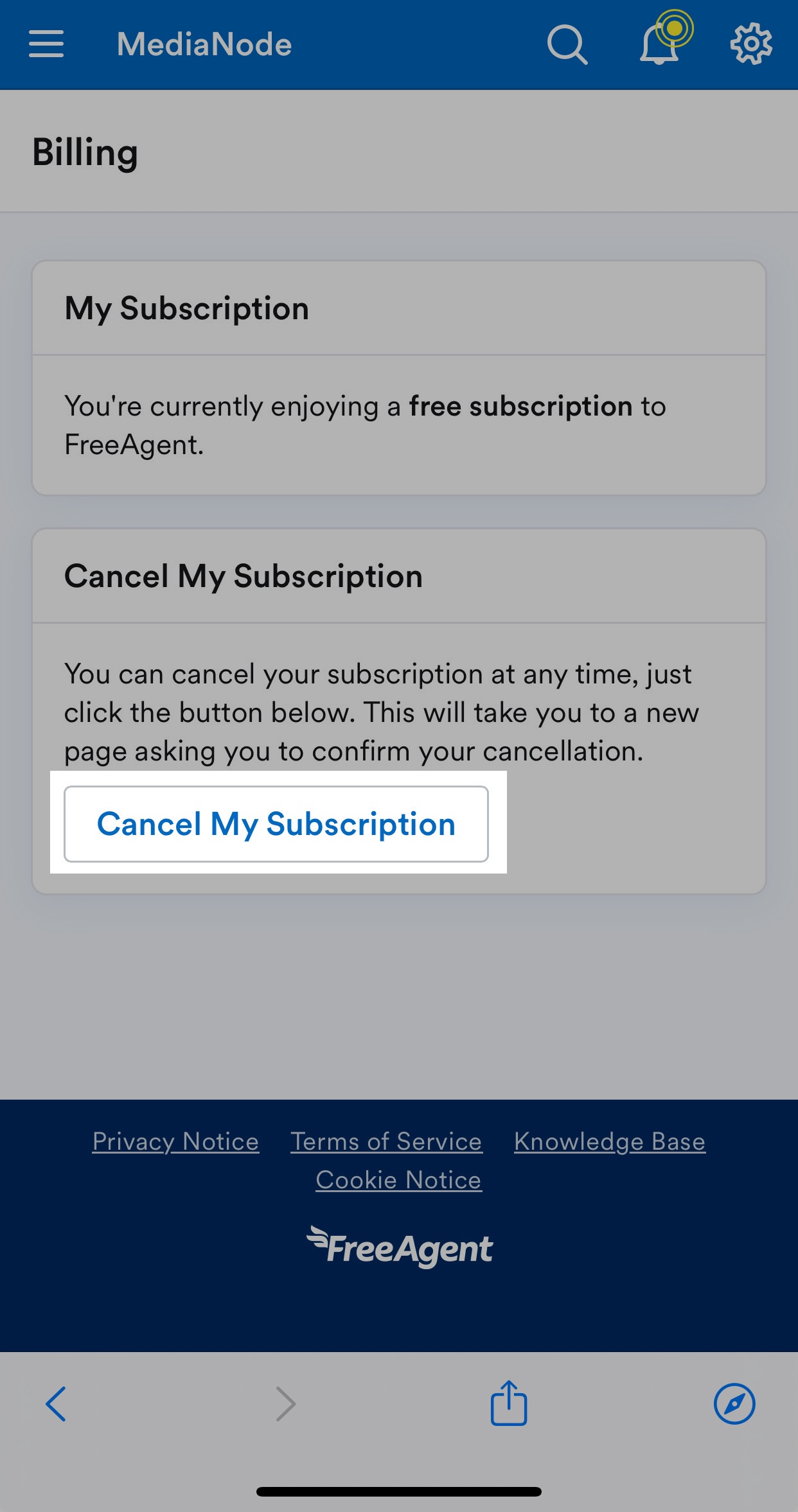 Cancel my subscription button highlighted on billing screen