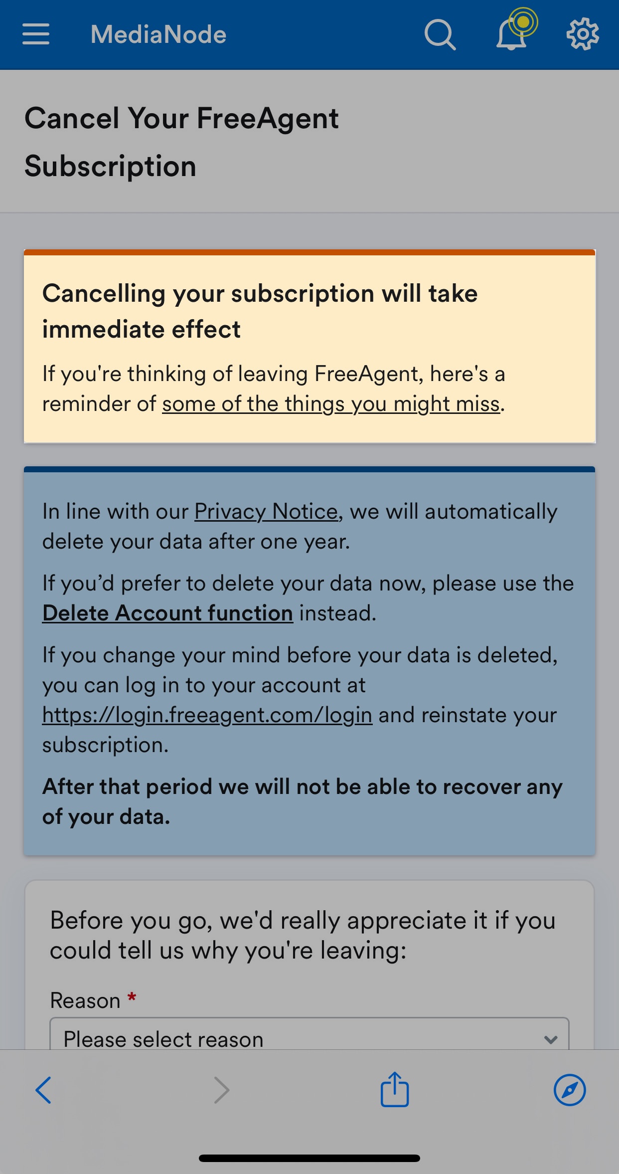 Warning about implications of cancelling subscription