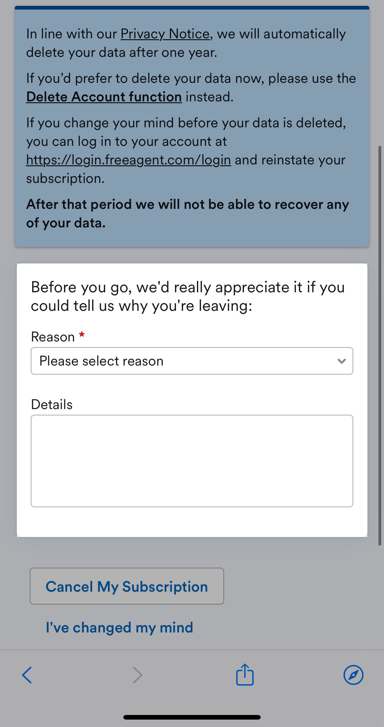 Fields for explaining why you're cancelling the subscription