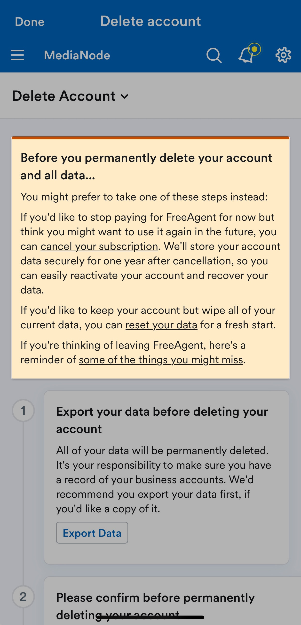 Warning to make sure that you're sure you want to delete the account