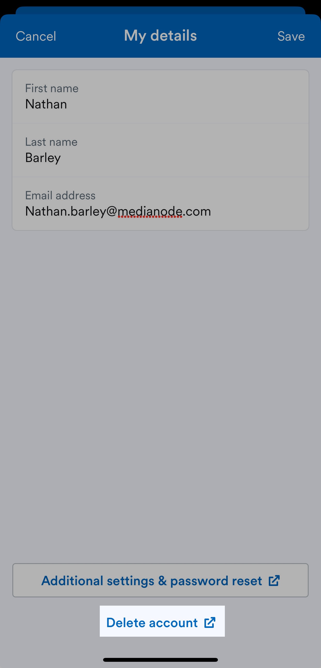 Delete account link at the bottom of the screen highlighted