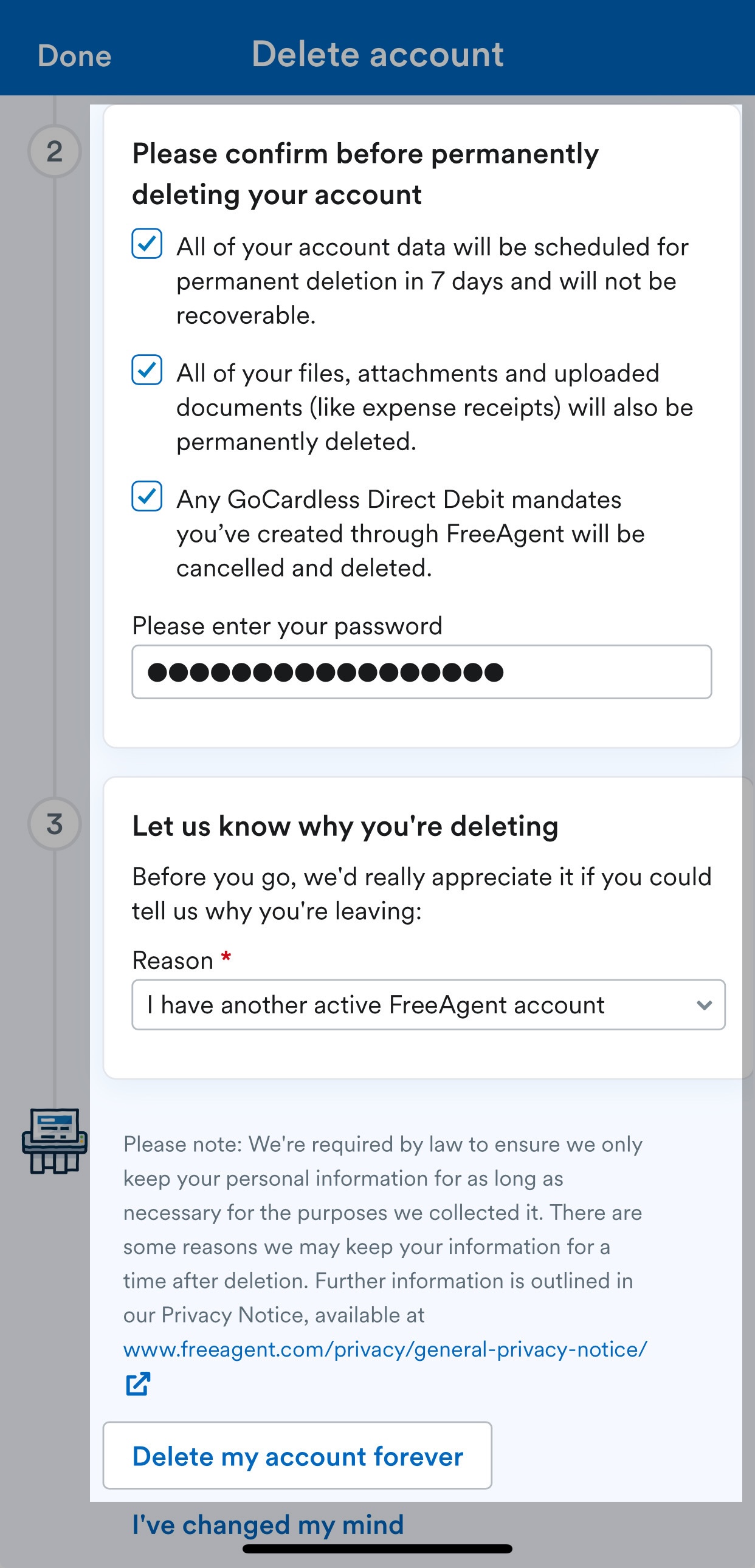 Checkboxes to confirm understanding of the implications of deleting the account