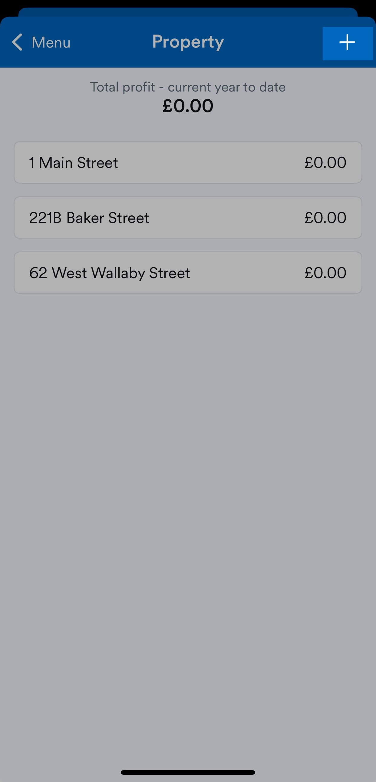 Plus button highlighted in top-right of Property screen