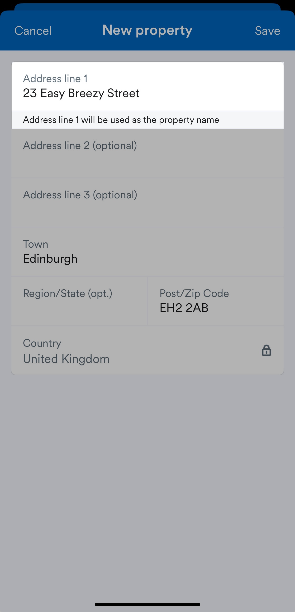 Address field highlighted for the new property