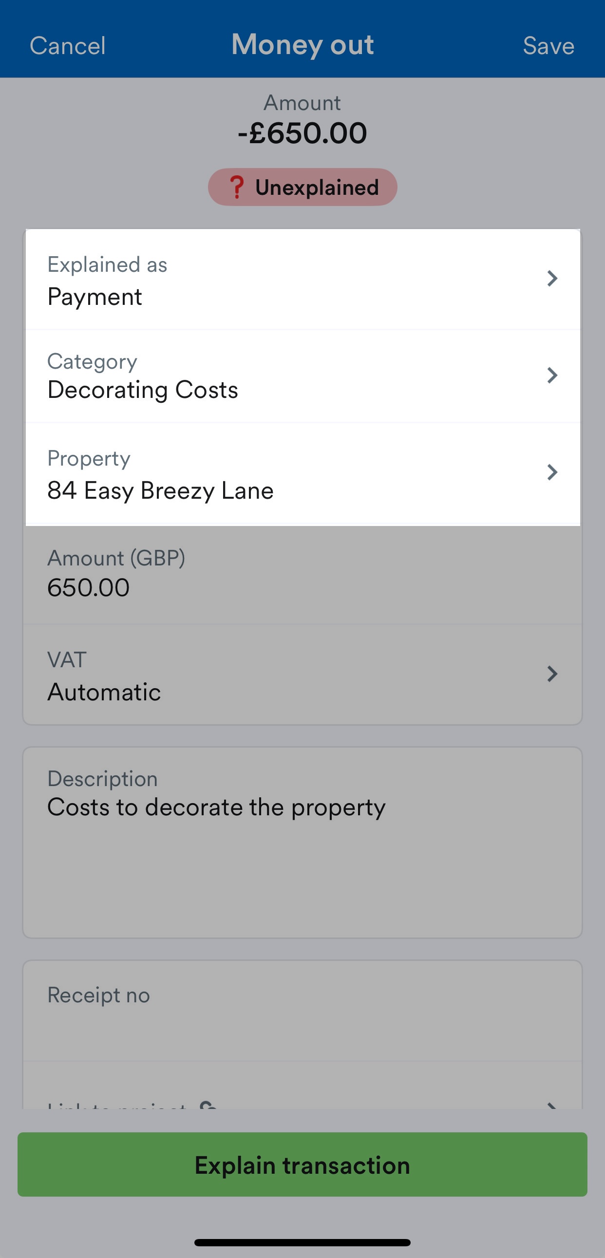 bank transaction being explained as decorating costs