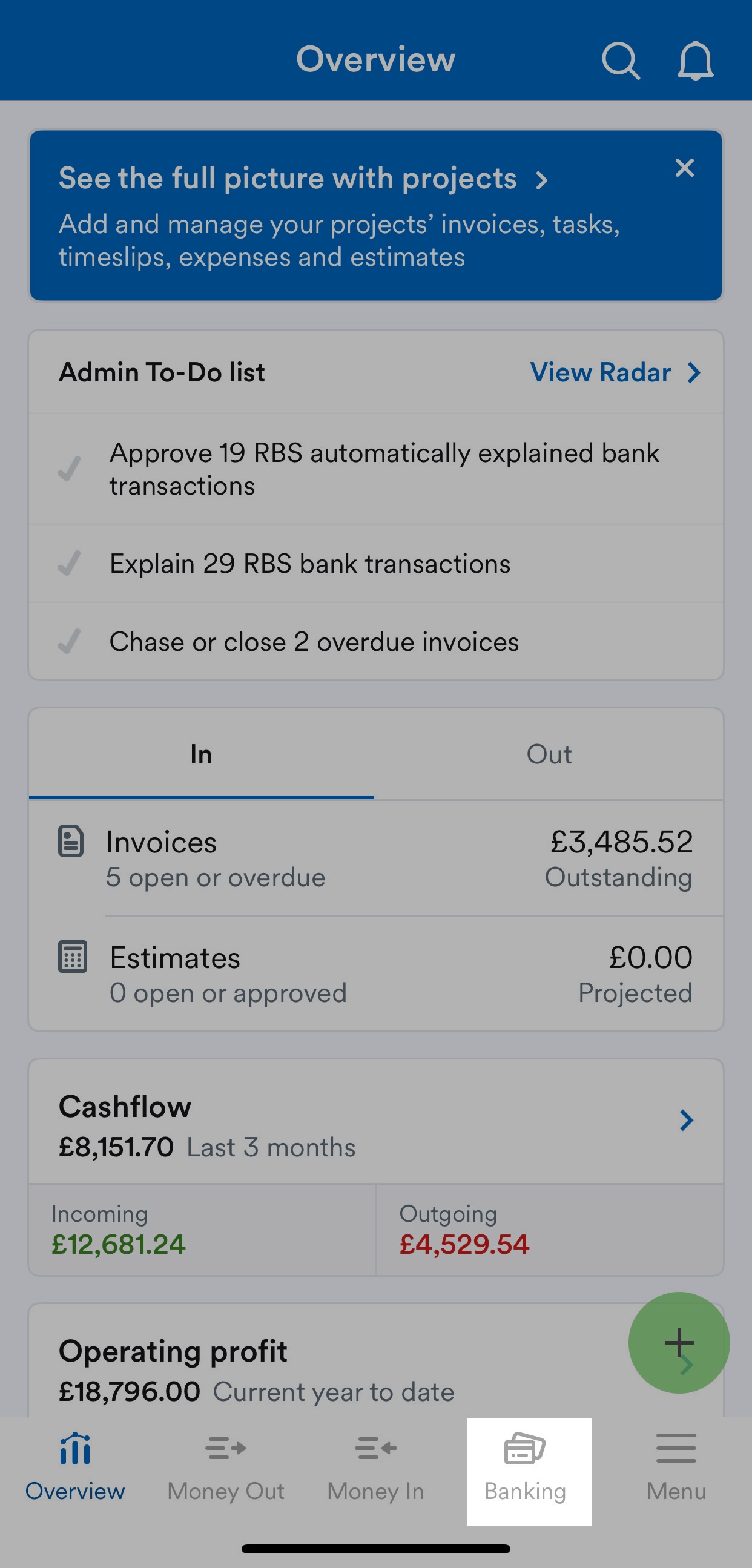 Overview screen with Banking icon highlighted