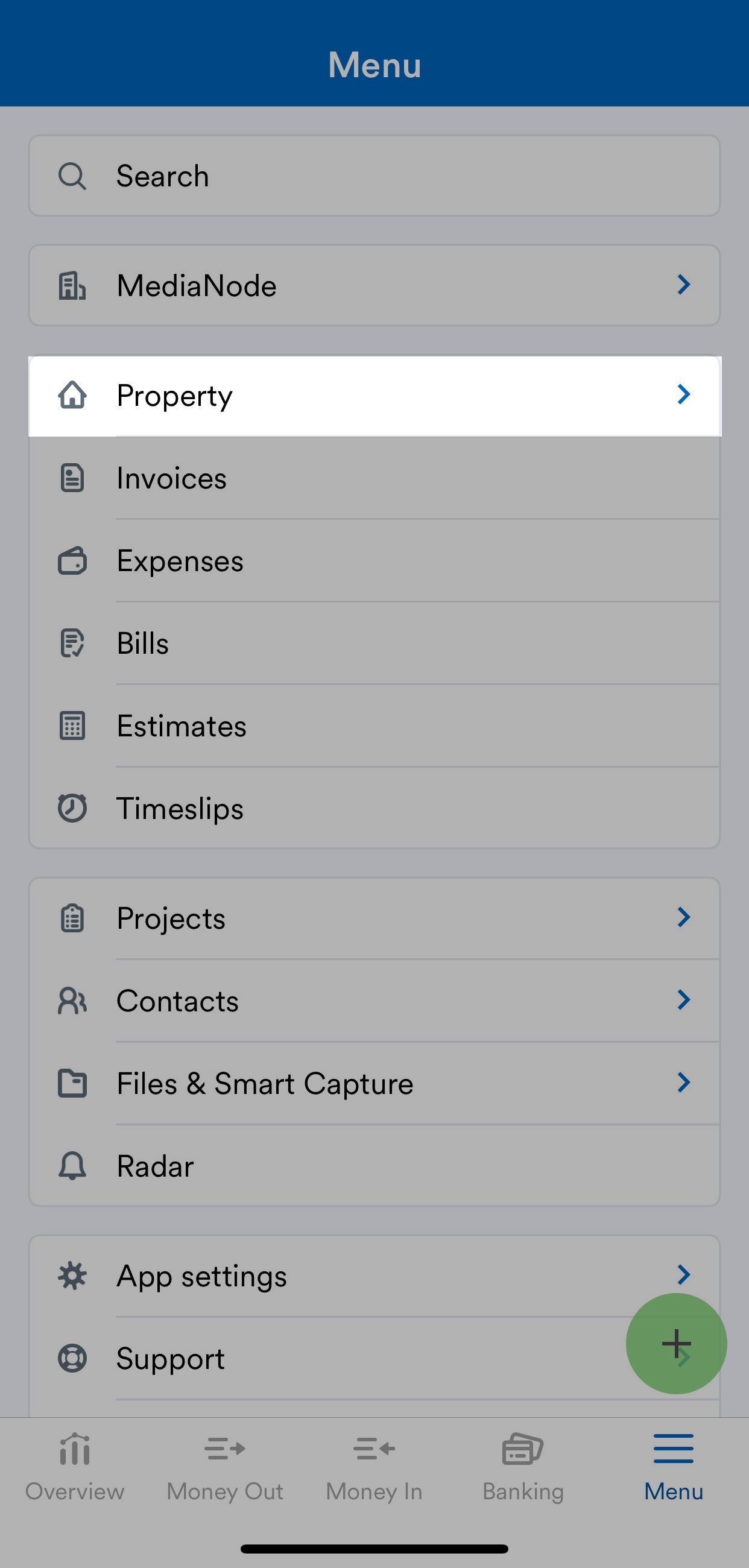 FreeAgent mobile app menu with property highlighted