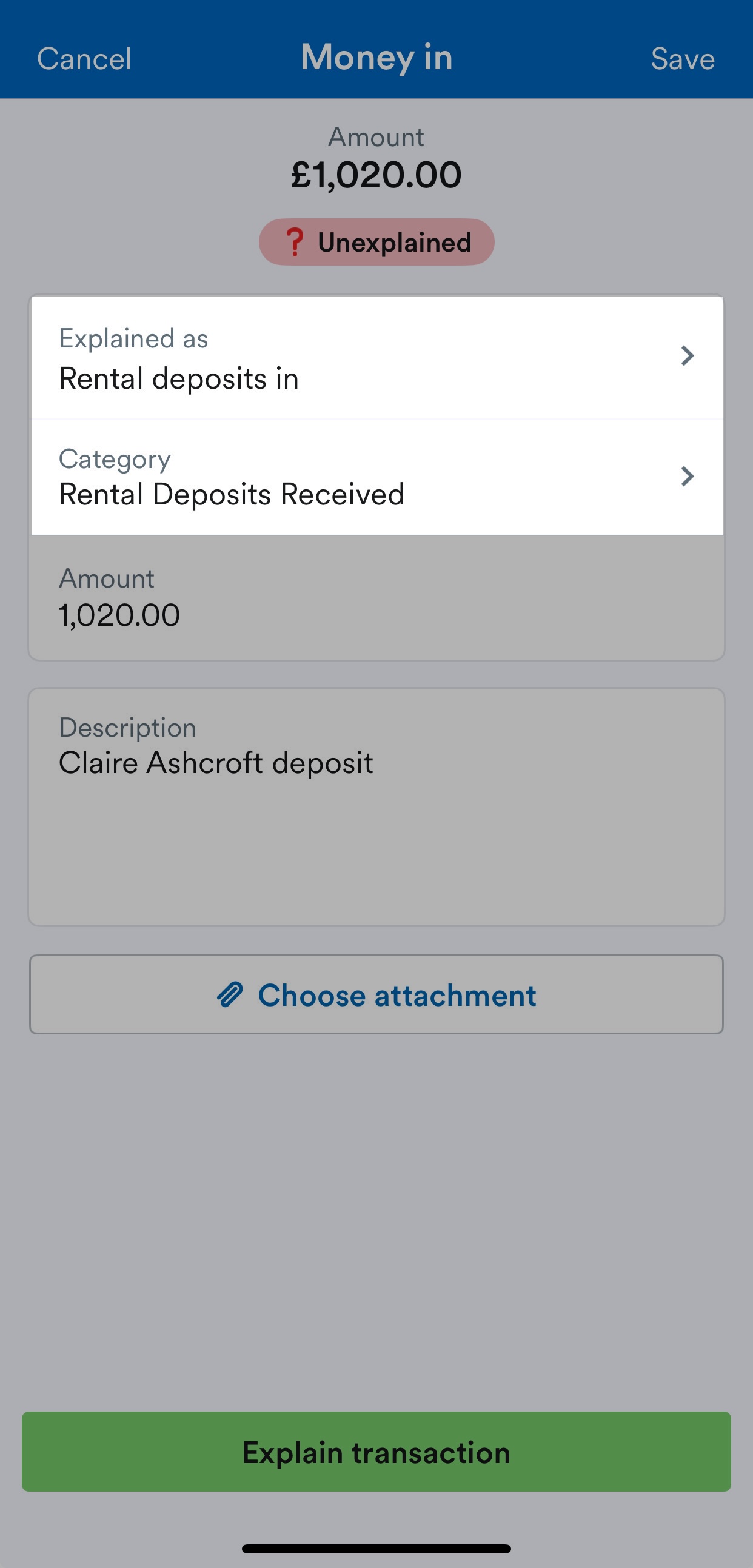 Bank transaction being explained as rental deposits in and rental deposits received as the category