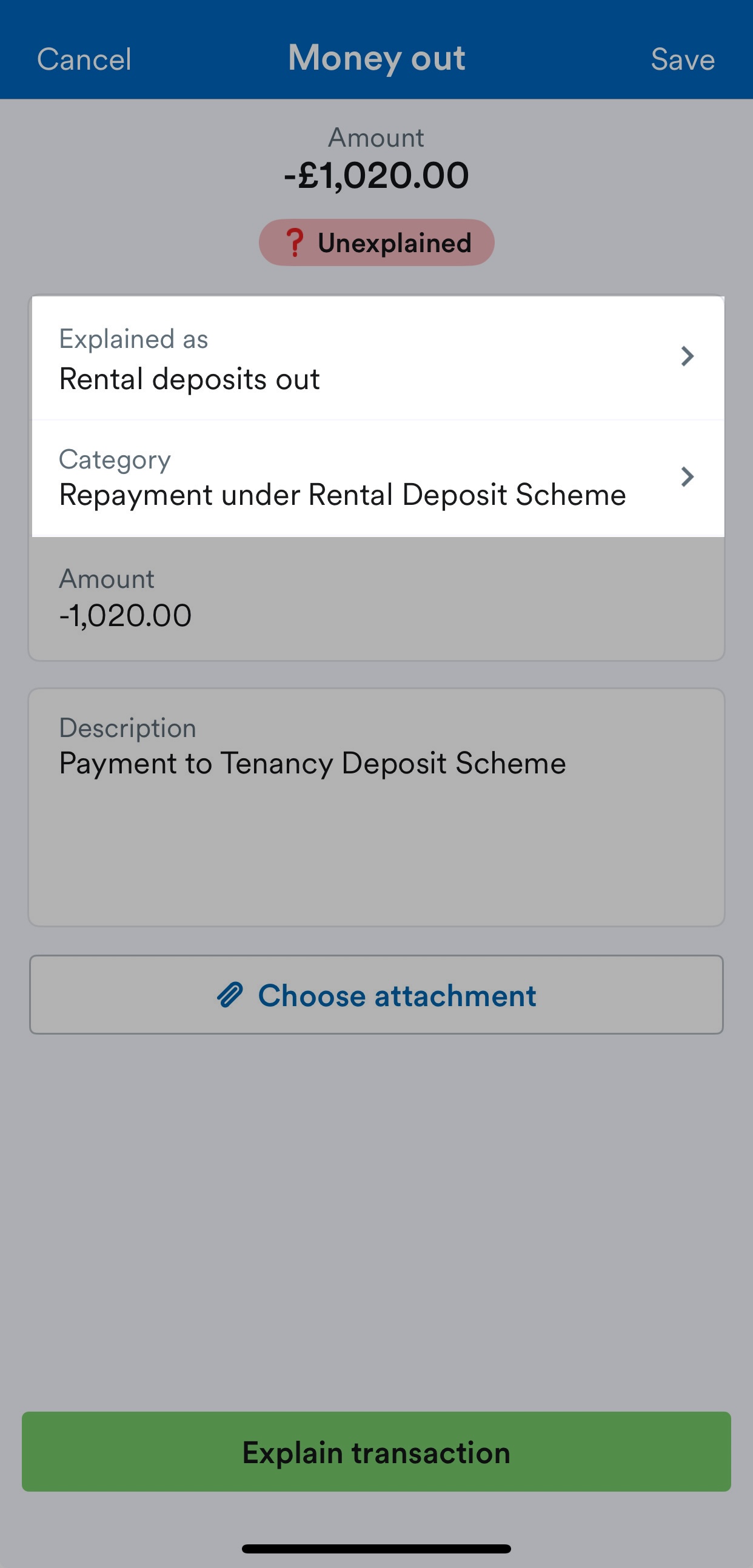 Bank transaction being explained as rental deposits out and repayment under rental deposit scheme.