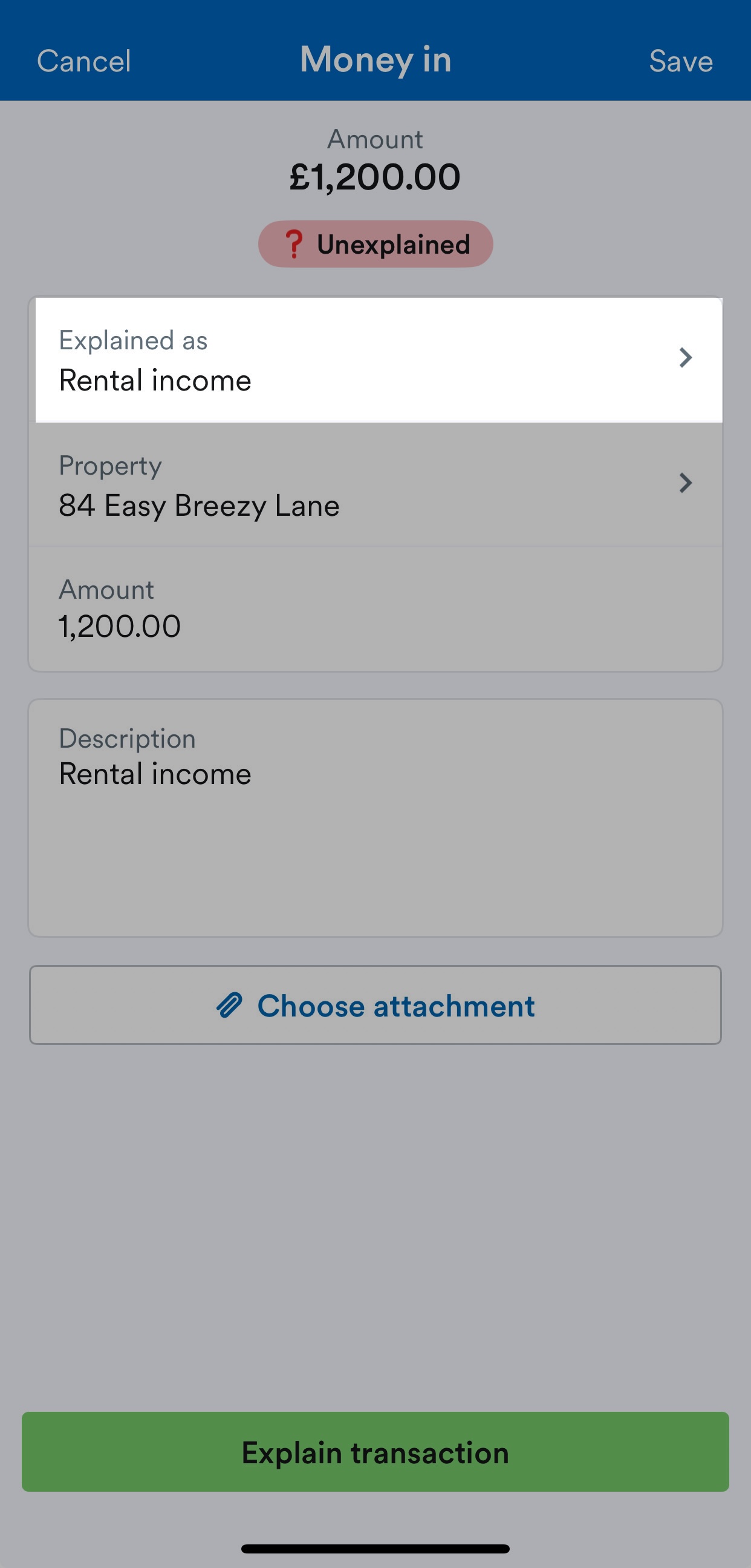 Rental income highlighted in the Type drop-down menu