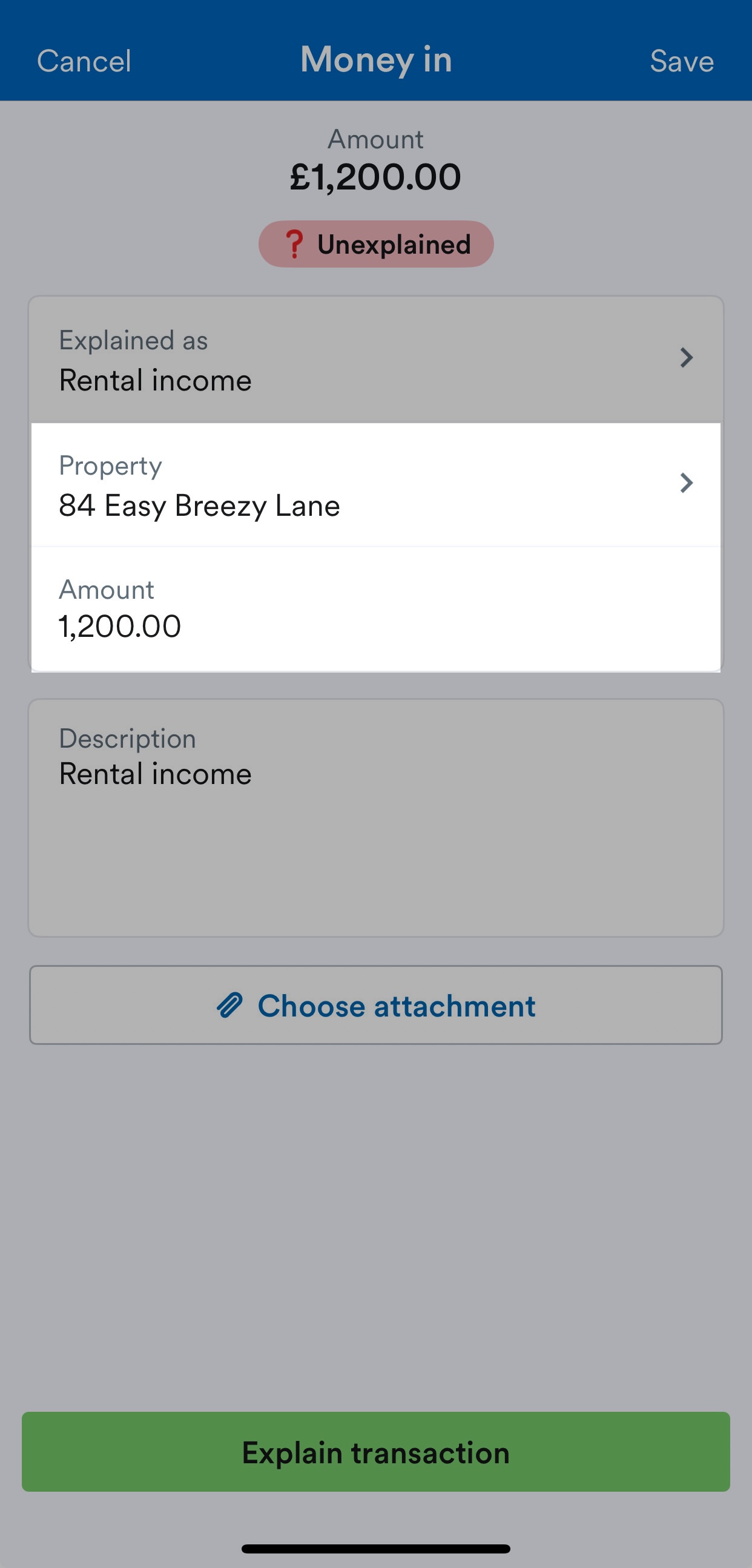 Property and Amount fields highlighted on a bank transaction