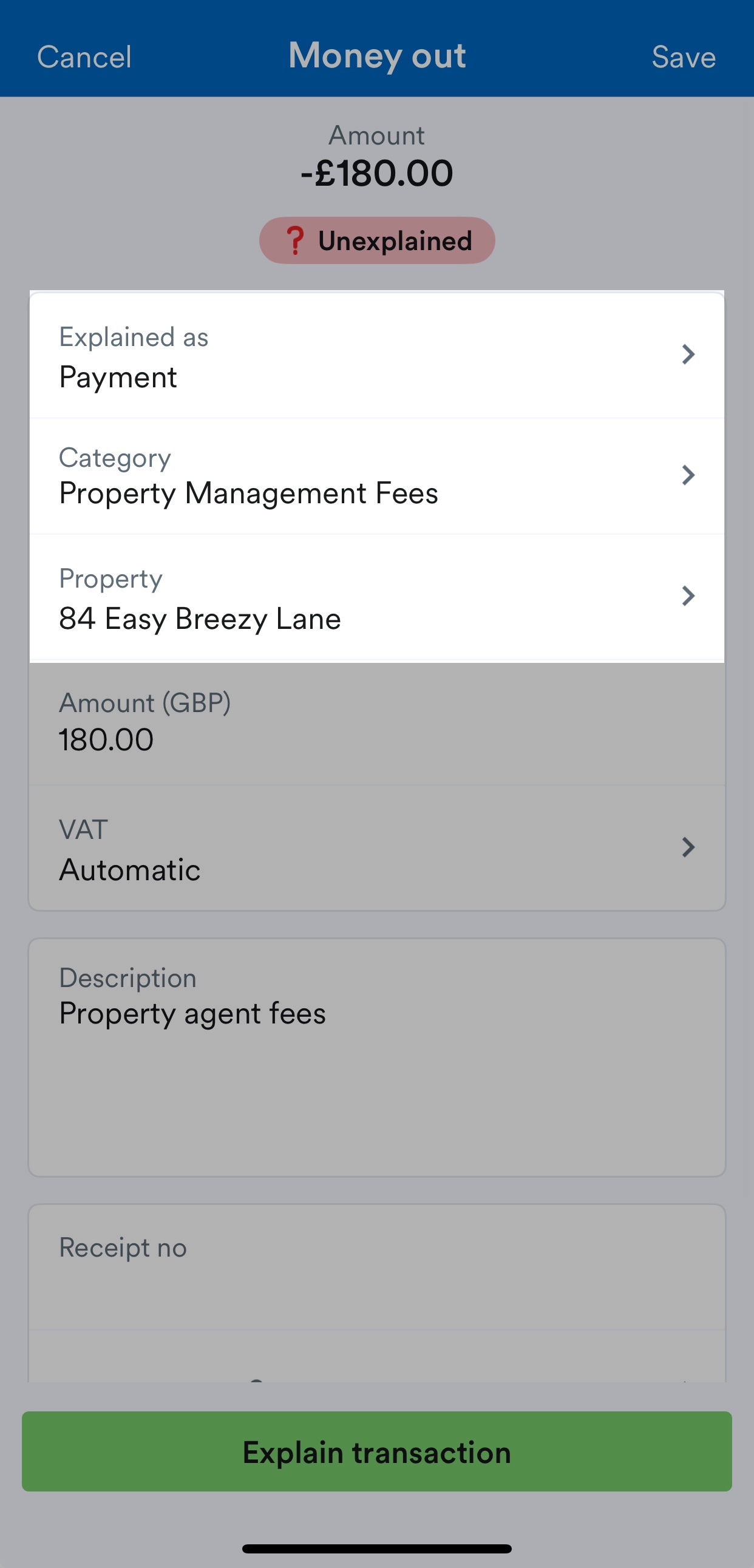 Bank transaction being explained as property agent fees