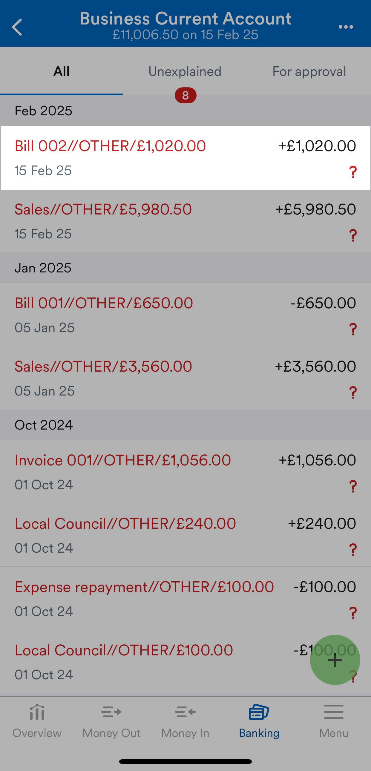 List of bank transactions with unexplained transaction highlighted