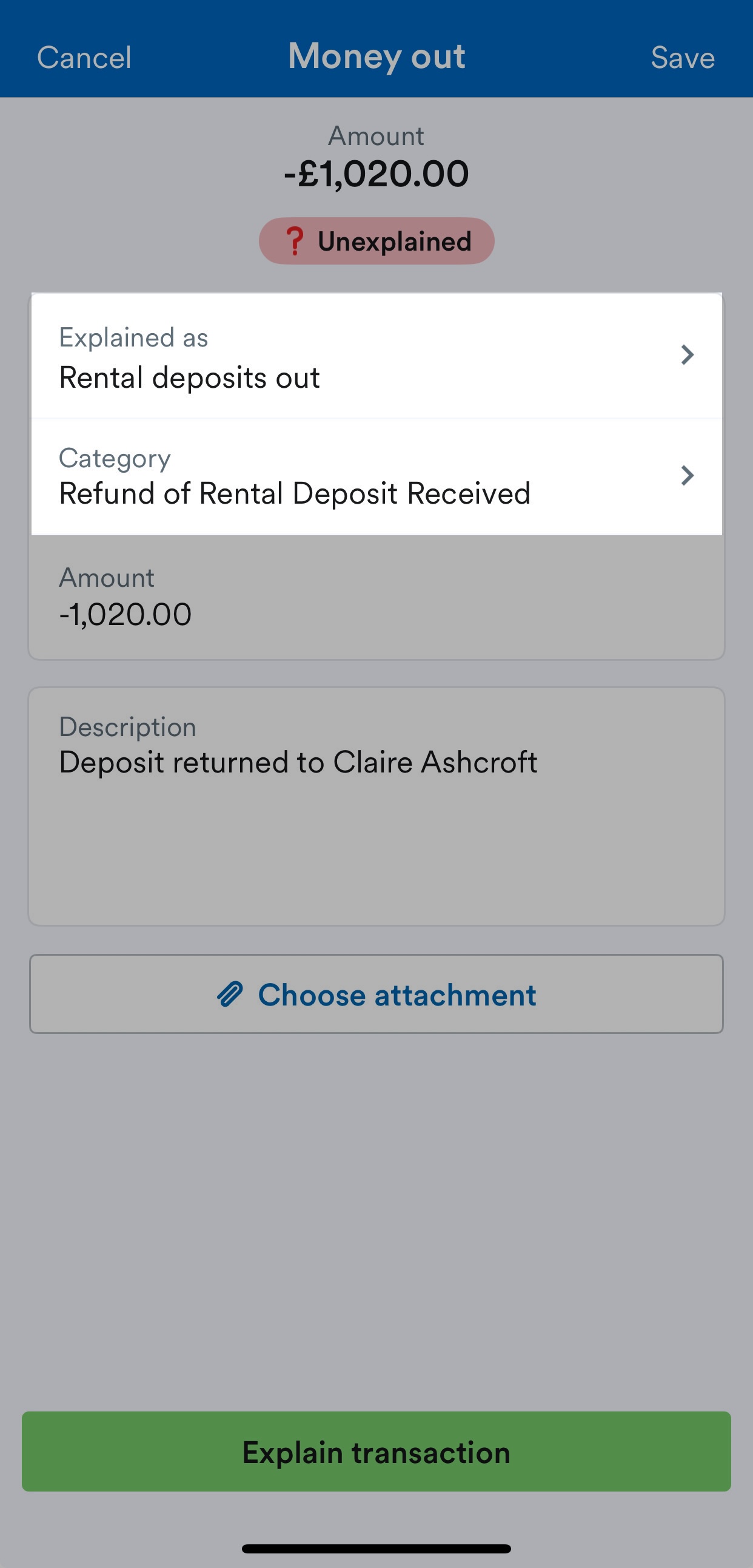 Explained as ‘Rental deposits out’ in ‘Refund of Rental Deposit Received’ Category.