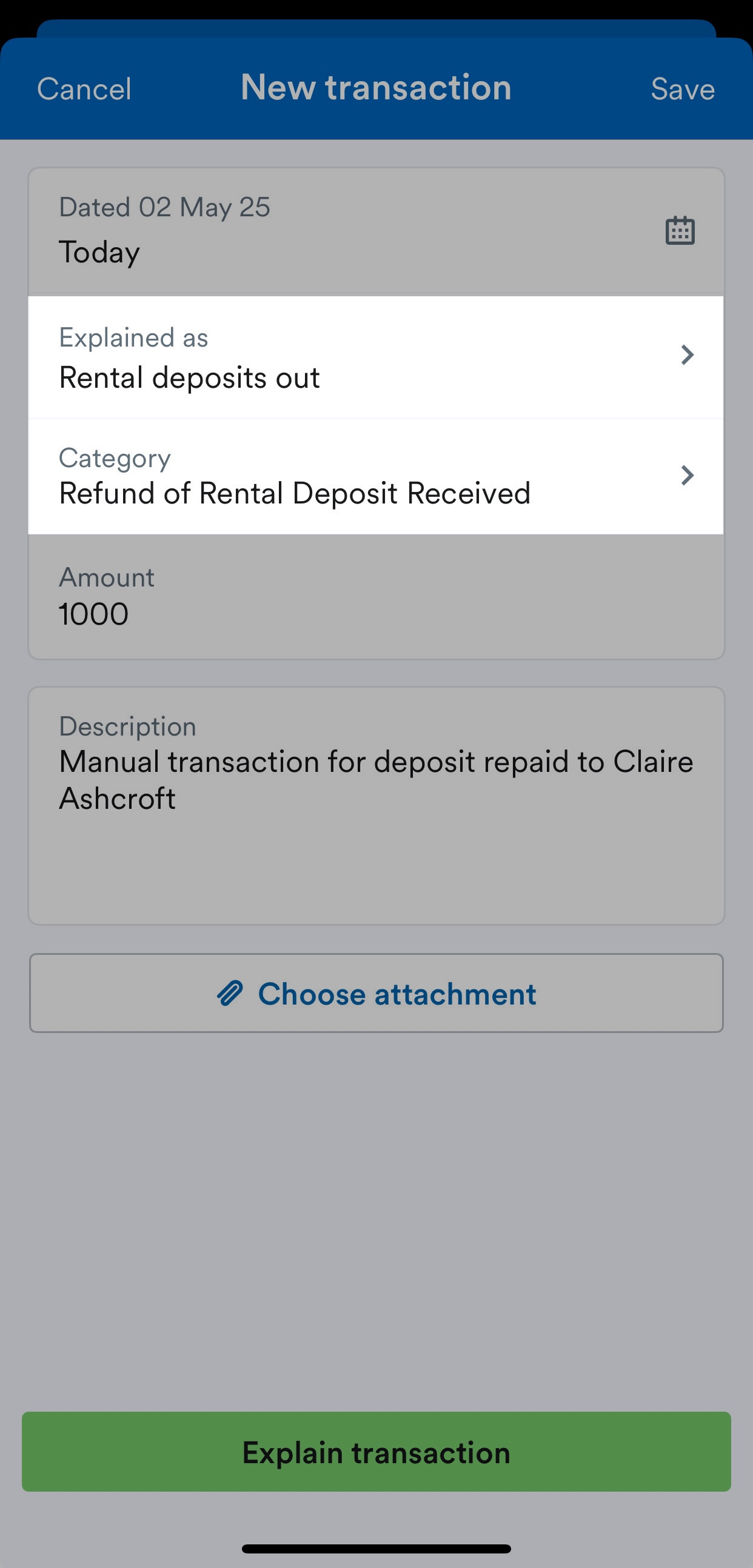 bank transaction being added as rental deposits out and refund of rental deposit received