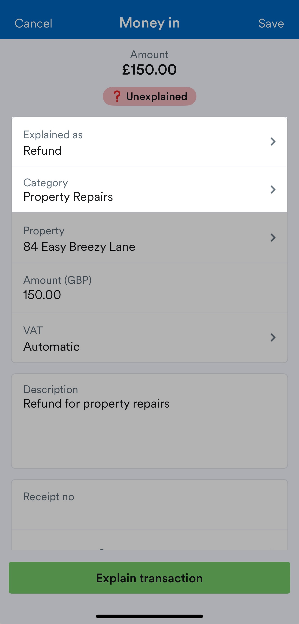 Explained as ‘Refund’ in ‘Property Repairs’ Category.