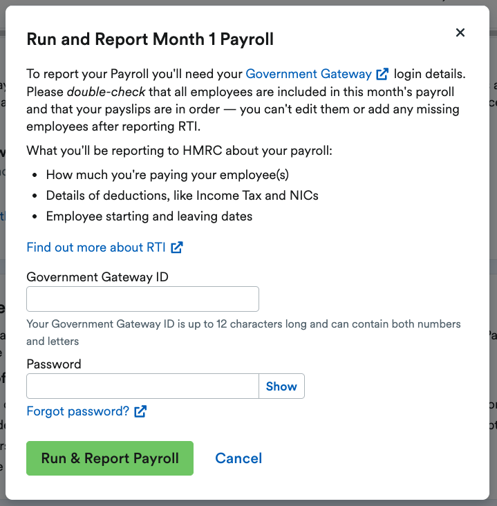 Pop up window to enter Government Gateway ID and Password.