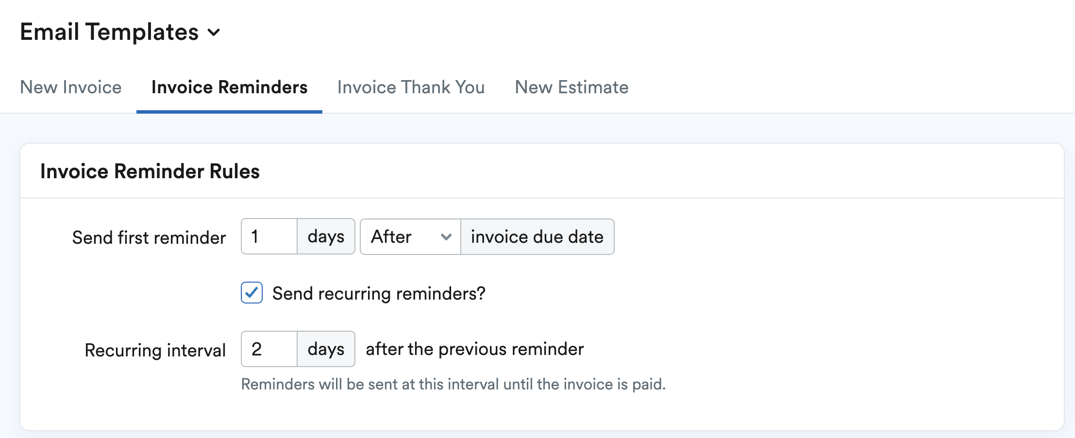 Screenshot of invoice reminder email template showing recurring options