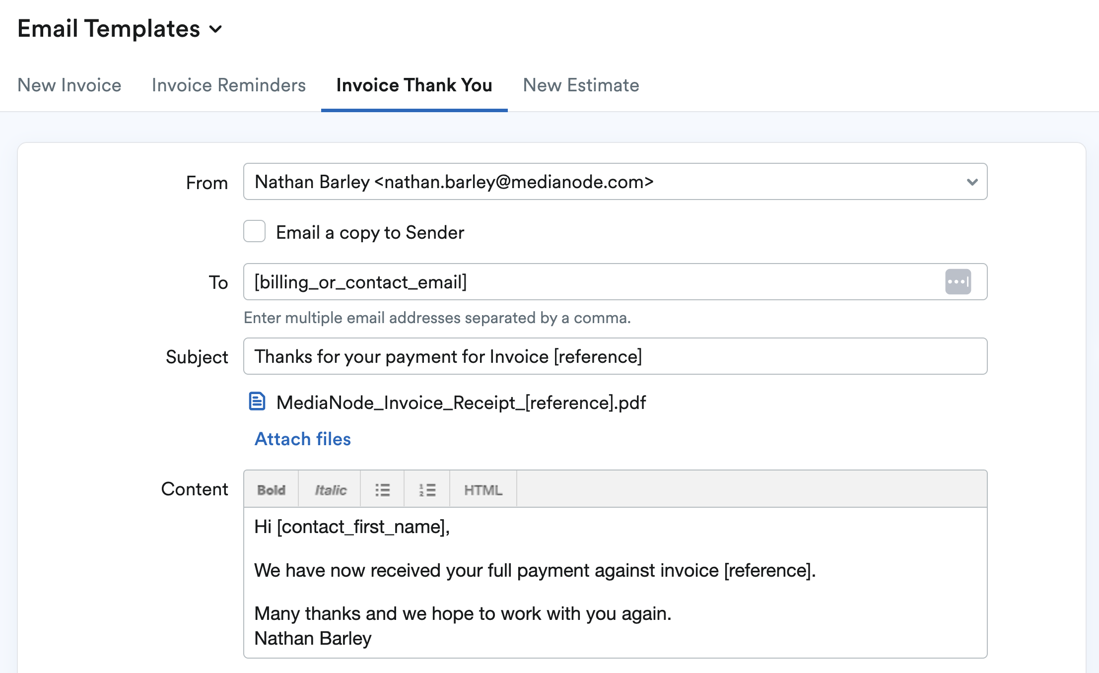 Screenshot of invoice thank you email template