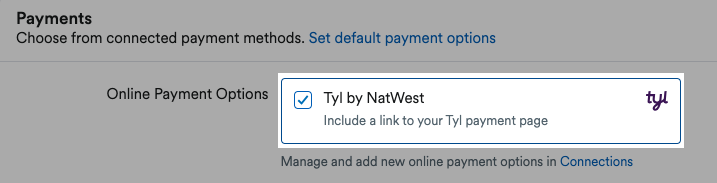 Payments section of invoice form with Tyl by NatWest ticked and highlighted