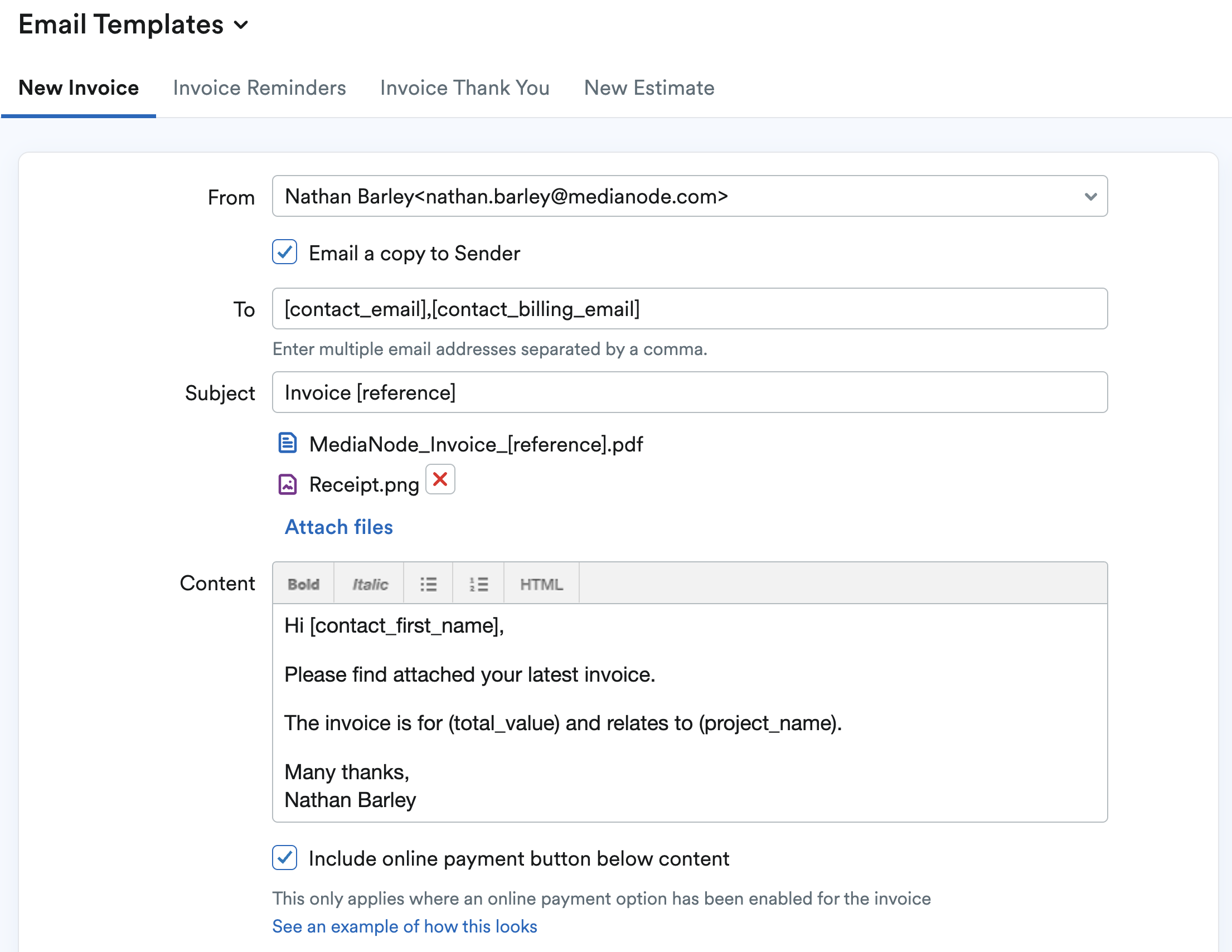 Screenshot of new invoice email template.
