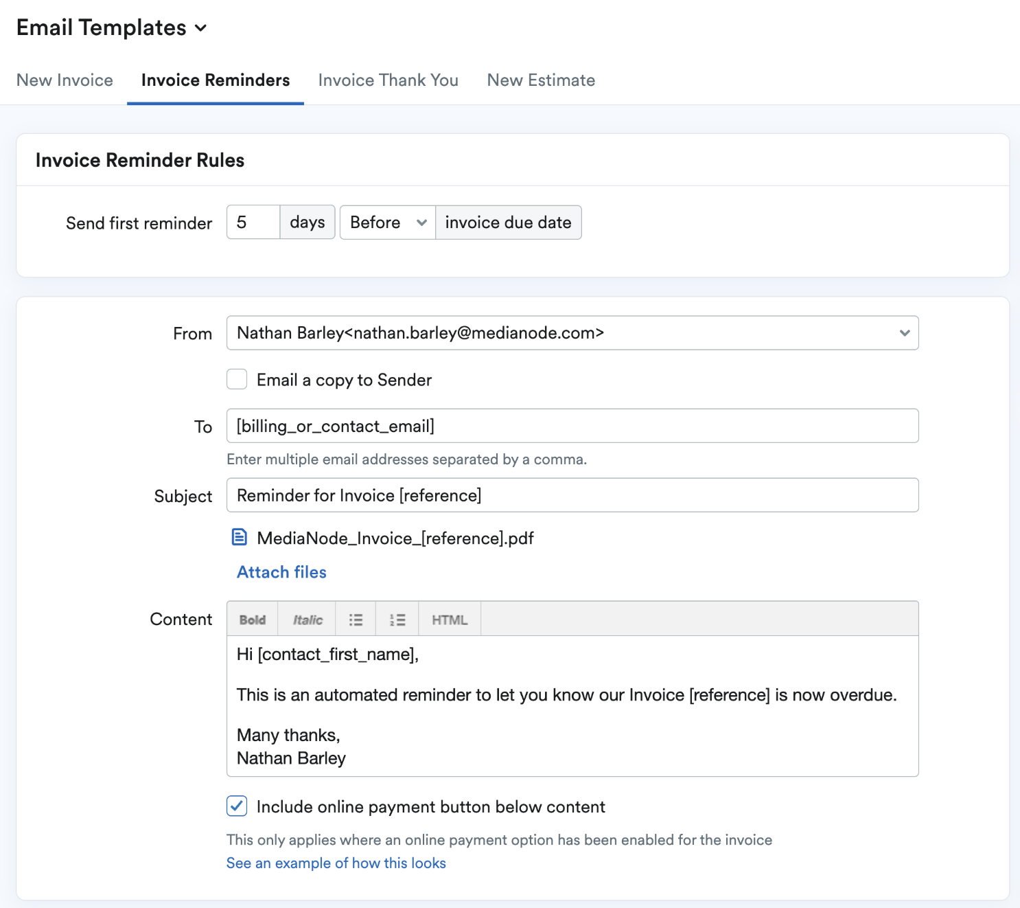 Screenshot of invoice reminder email template
