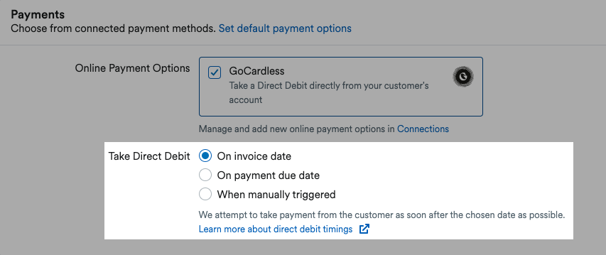 Payments section of invoice form with GoCardless ticked and Direct Debit options highlighted