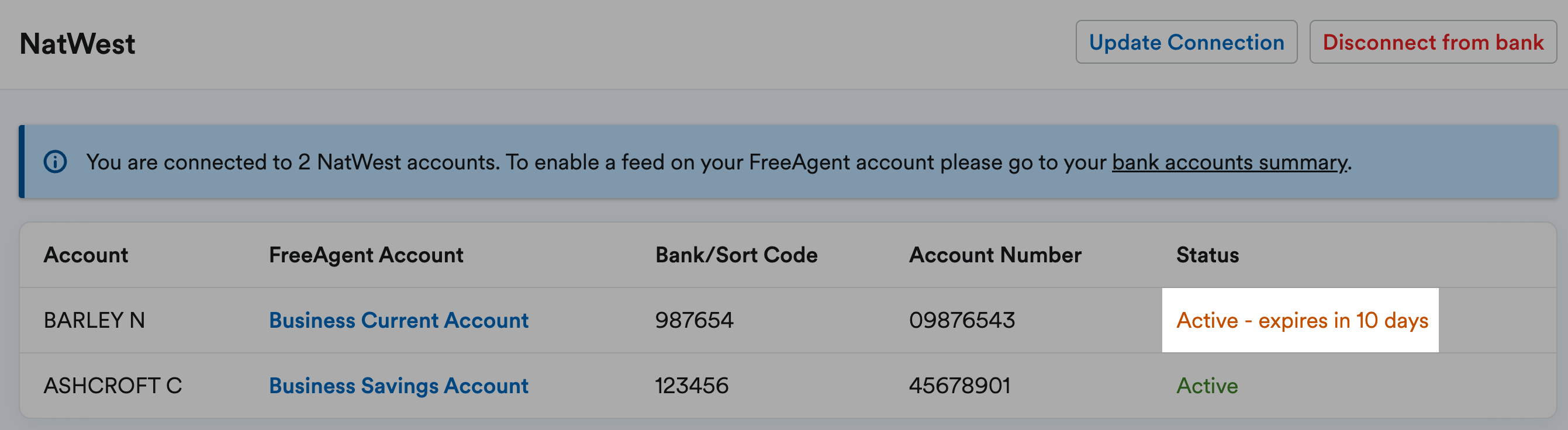 Bank feed expiry warning