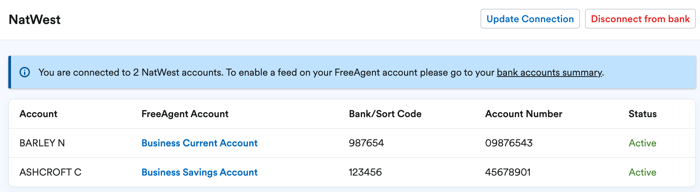 List of bank feeds enabled for selected bank