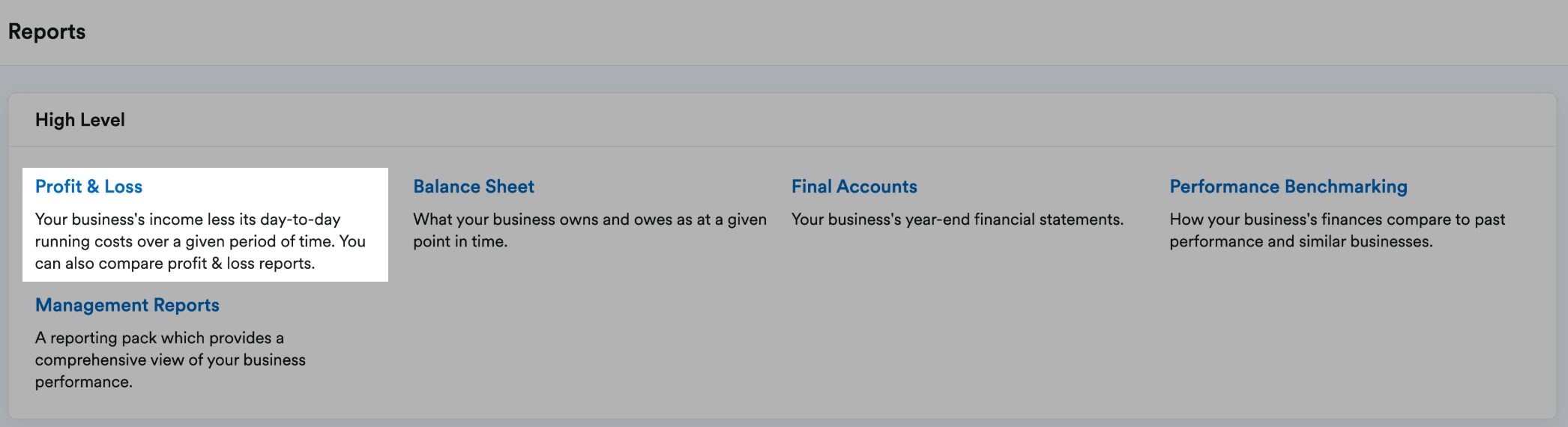 Screenshot showing profit & loss highlighted within reports section.
