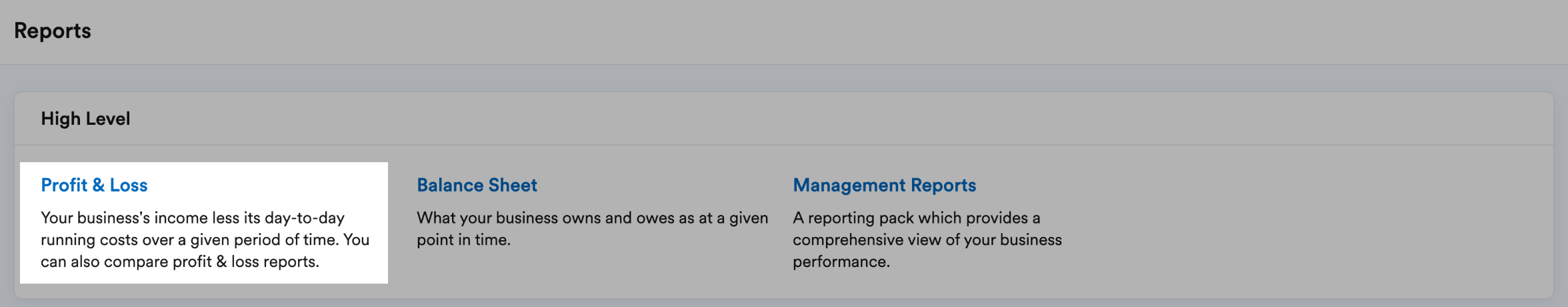 Screenshot showing profit & loss highlighted within reports section.