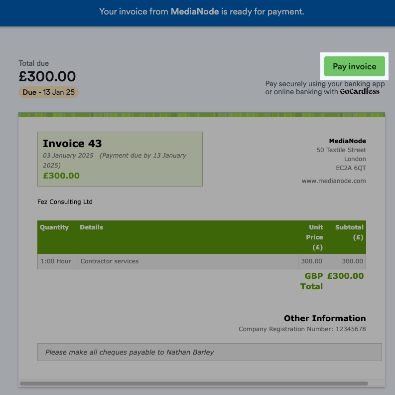'Pay invoice' button highlighted on an example invoice.