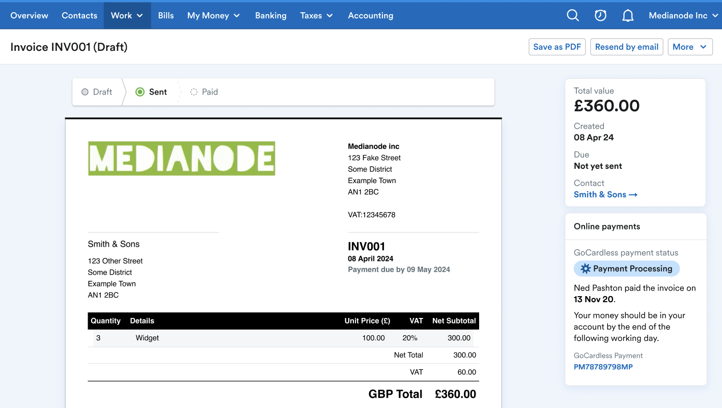 Online payments status showing as 'Payment Processing'.