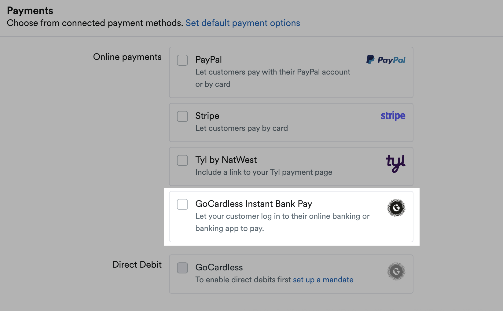 GoCardless Instant Bank Pay payment option highlighted under Payments area.