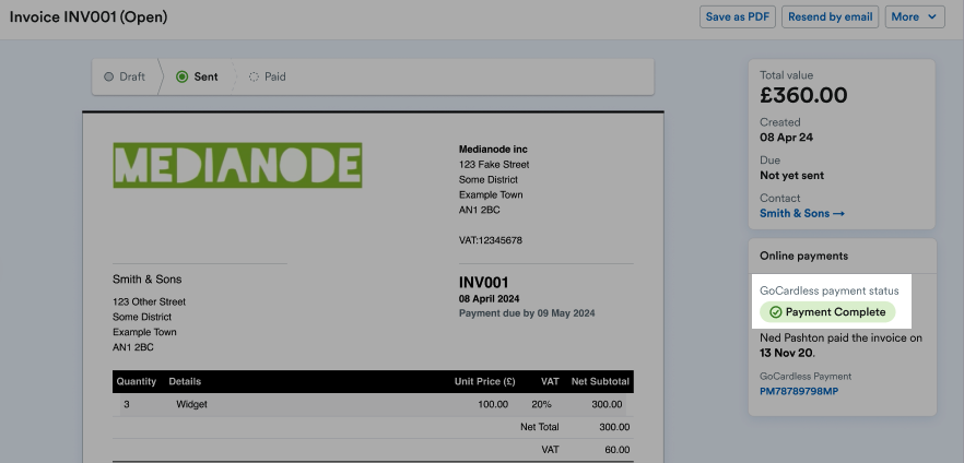 Online payments status showing as 'Payment Complete'.