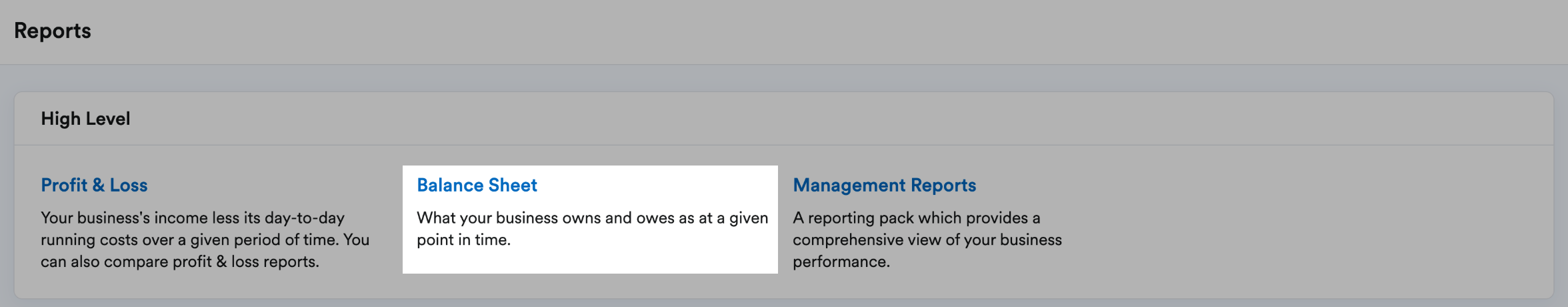 Balance sheet highlighted in reports section.