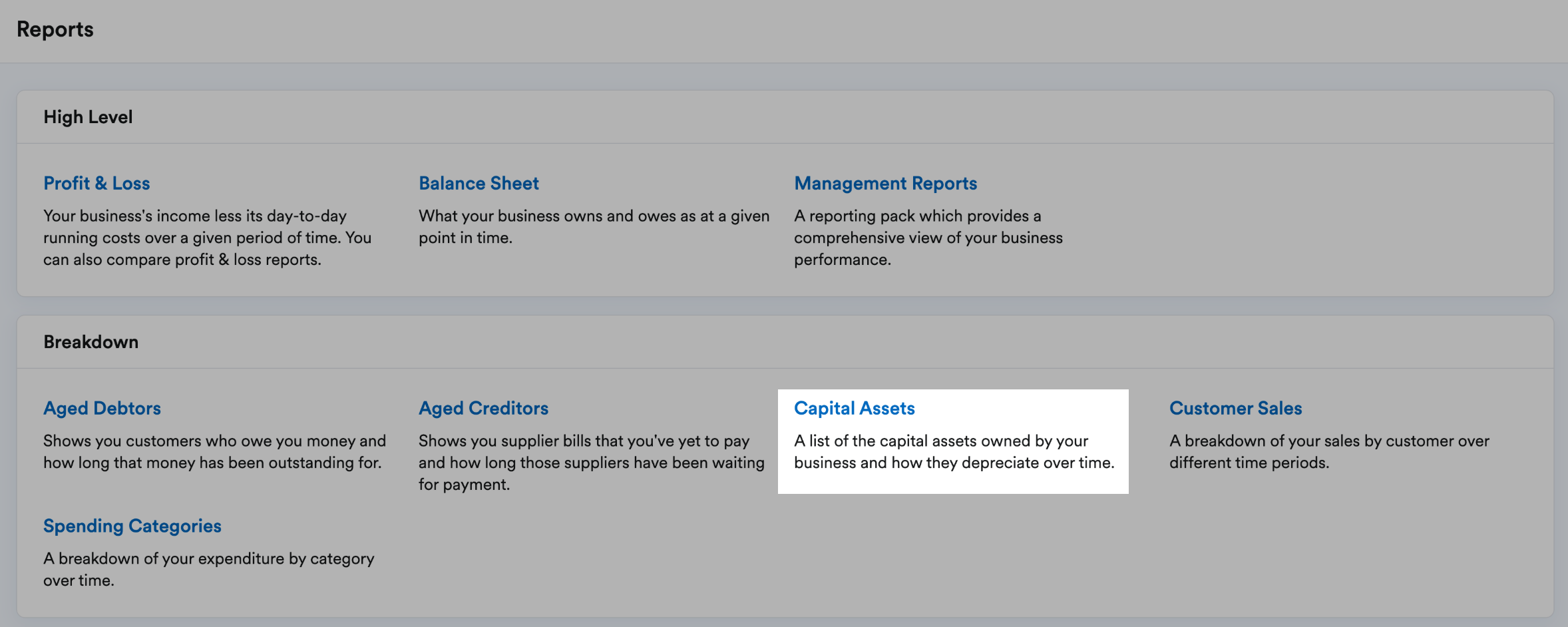'Capital Assets' highlighted in Breakdown section of Reports page.