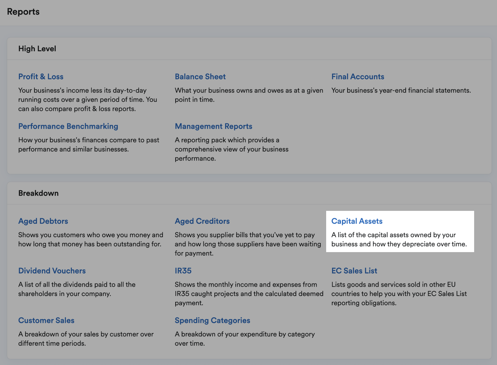 'Aged Creditors' highlighted in the Breakdown section of the Reports page.