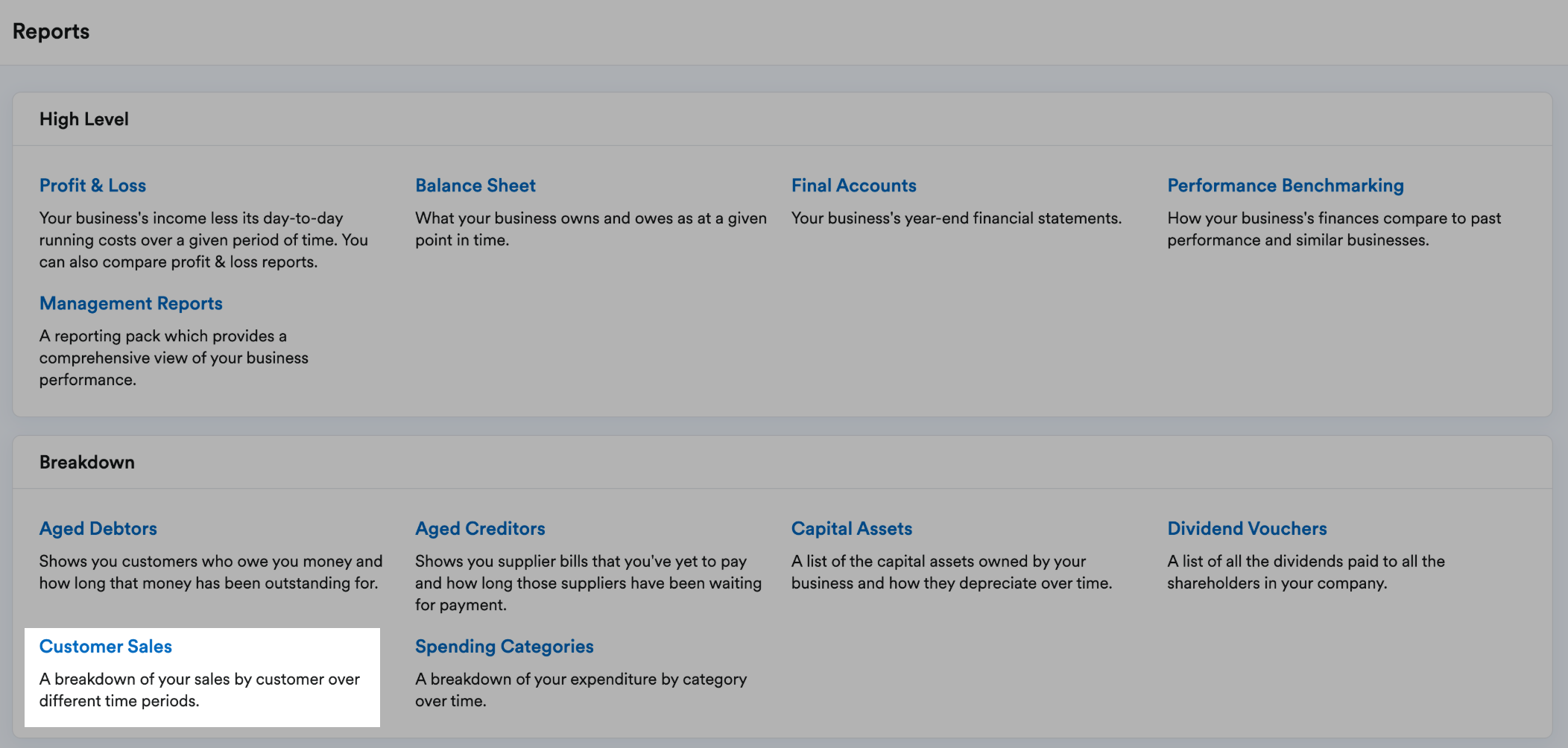 'Customer Sales' highlighted in Breakdown section of Reports page.